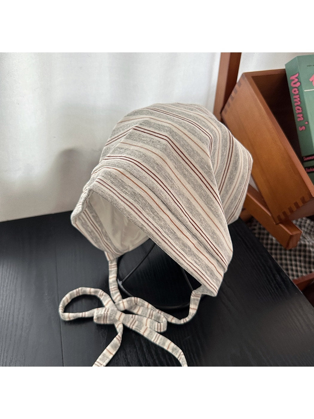 Haila - Striped Tie Strap Round Crown Knit Hat