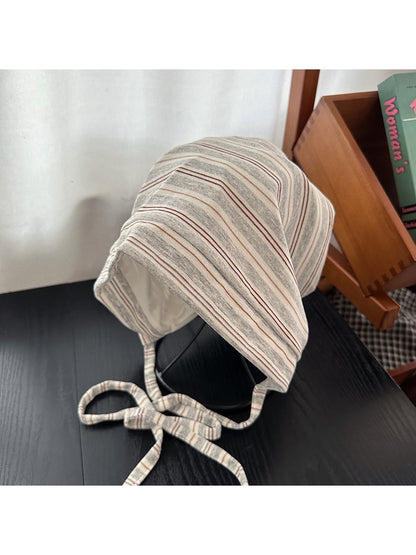 Haila - Striped Tie Strap Round Crown Knit Hat