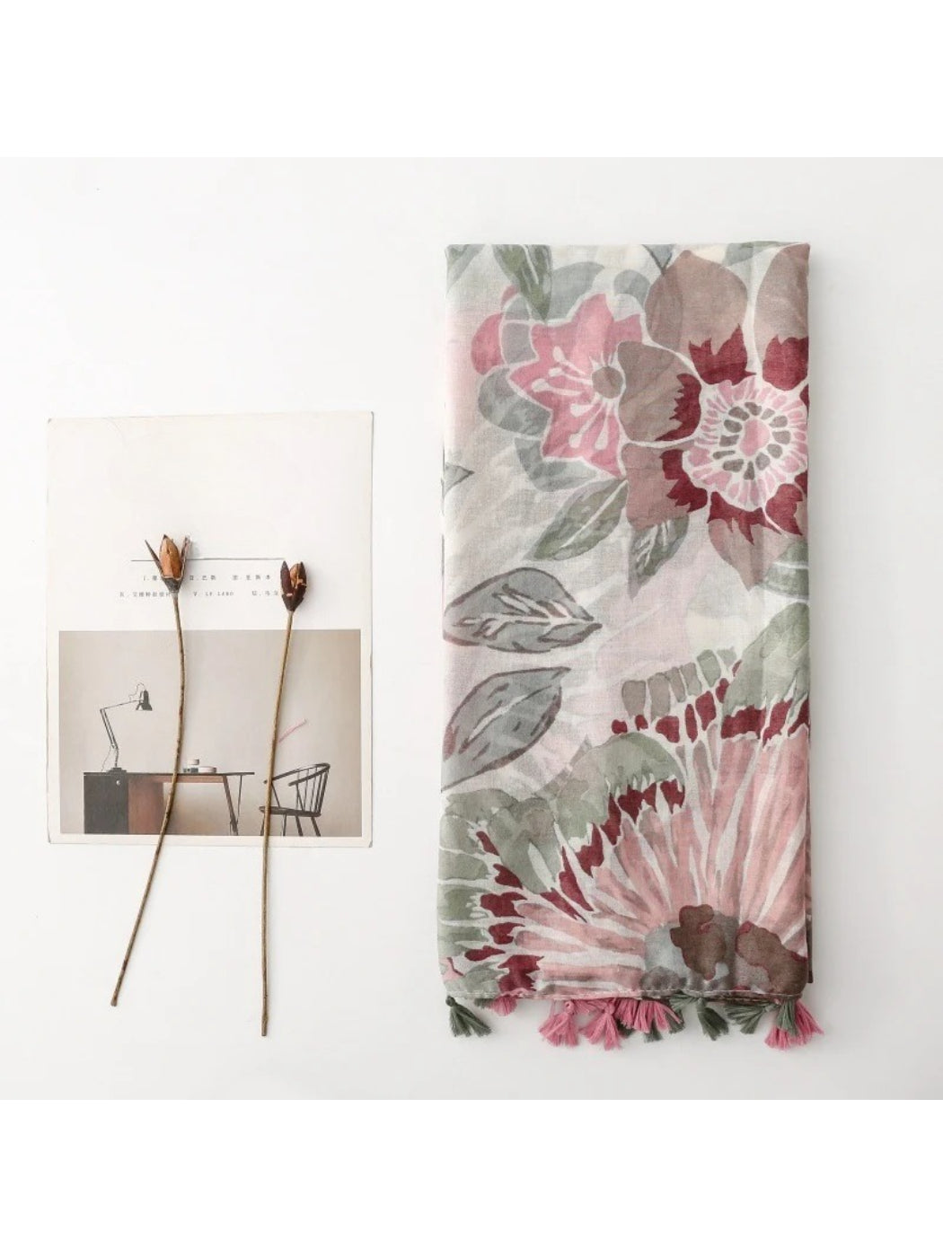 Scarvii - Pink Watercolor Floral Tassel Wrap Scarf