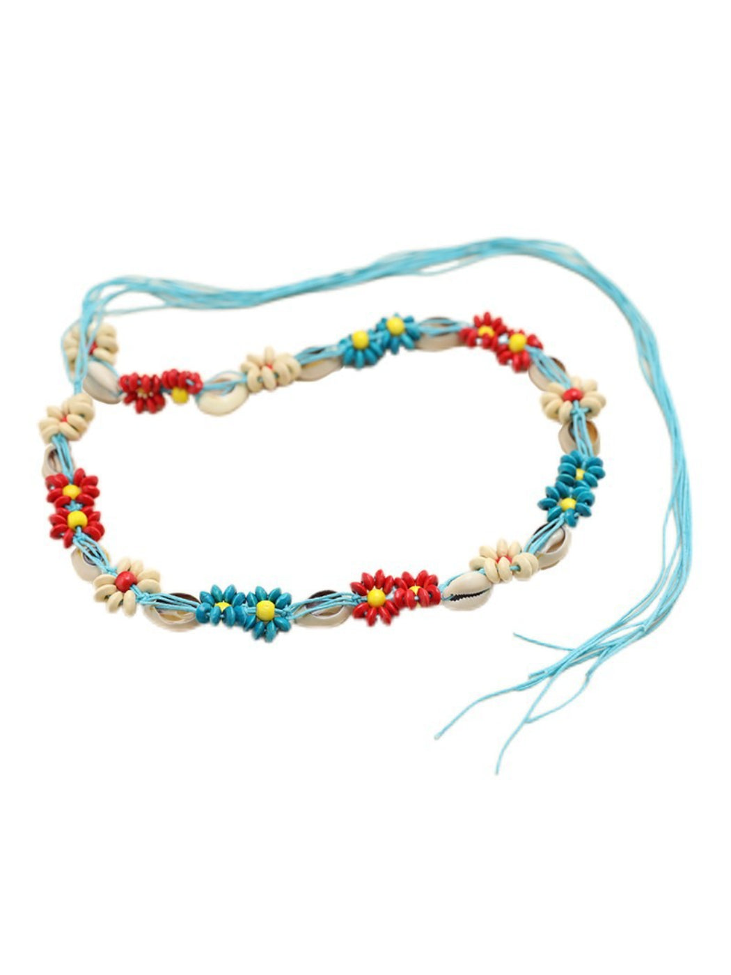 Beco floral shell shaped rope waist belt displayed flat showing full length
