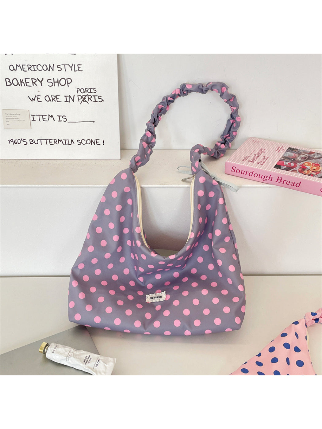 Cosbai - Polka Dot Ruched Strap Hobo Bag