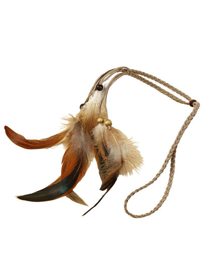 Hairish boho printed headband with feather hair accessory shown from side angle