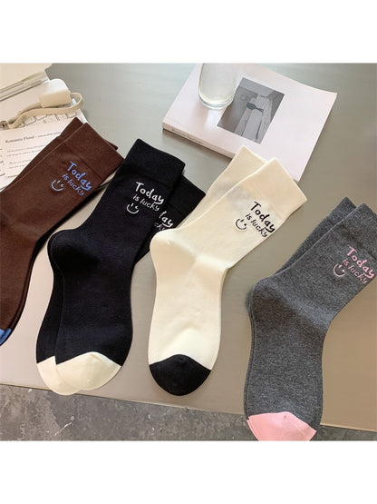 Rufia - Smiley Face Letter Print Everyday Crew Socks
