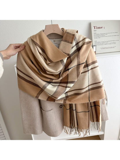 Scarvii - Soft-Tone Plaid Fringed Winter Scarf