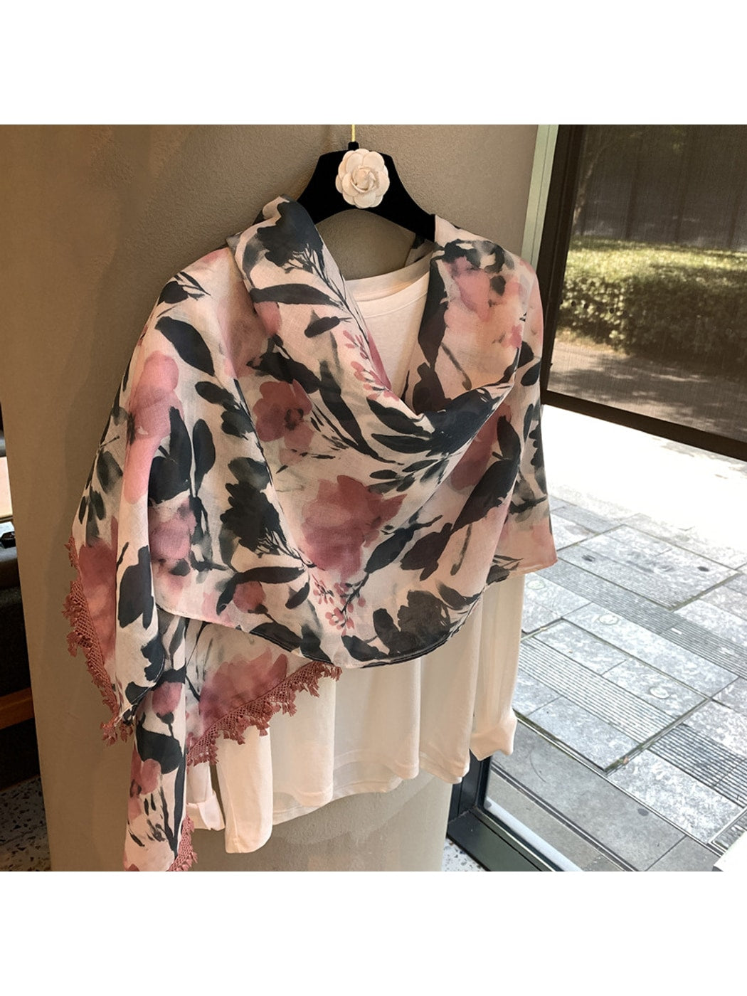 Scarvii - Floral Print Tassel Edge Long Shawl Scarf