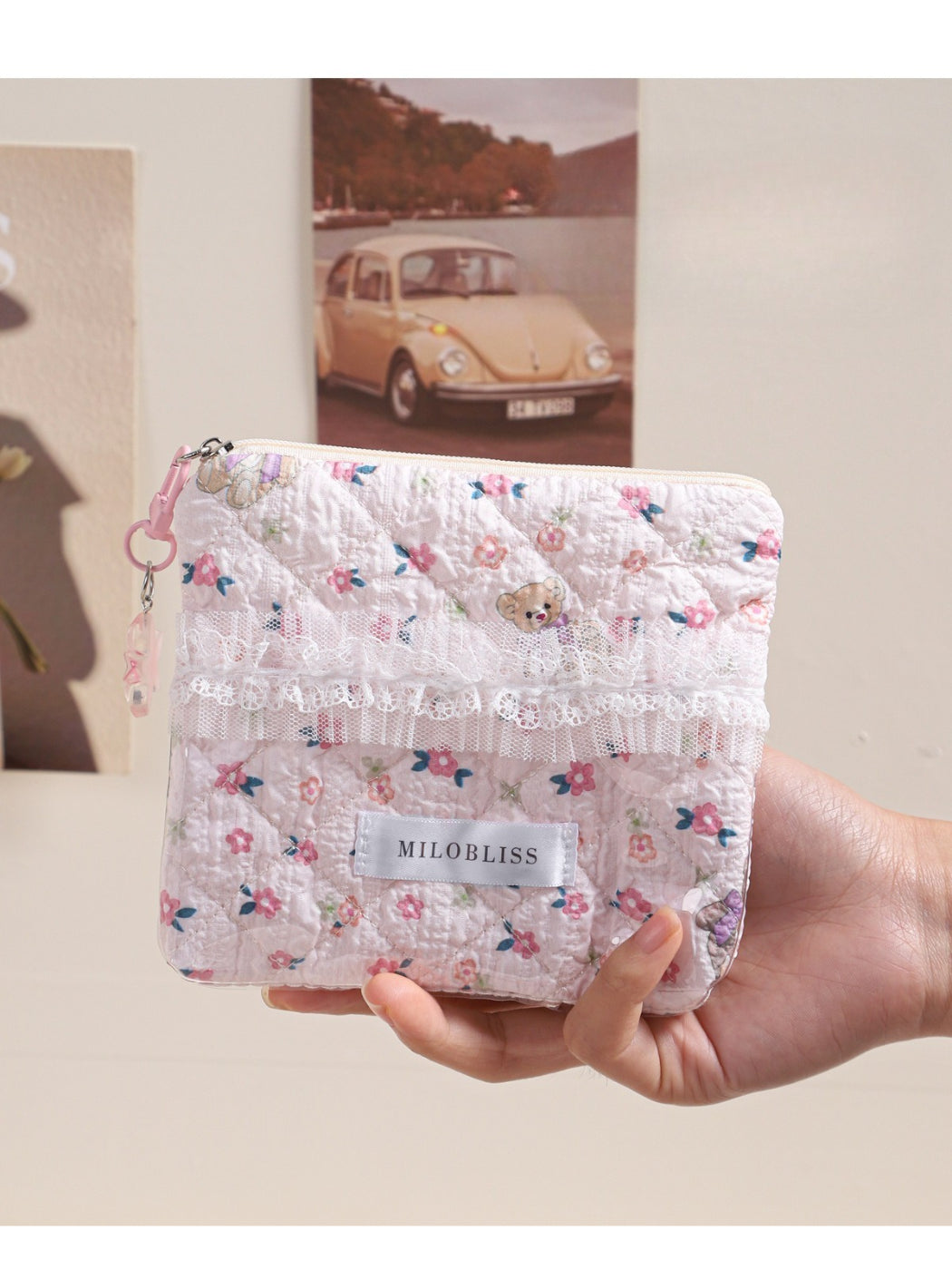 Cosbai - Lace Floral Quilted Zipper Pouch with Charm detail view 4