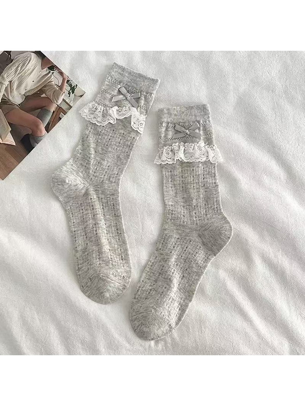 Rufia - Lace Trim Bow Detail Sweet Style Crew Socks