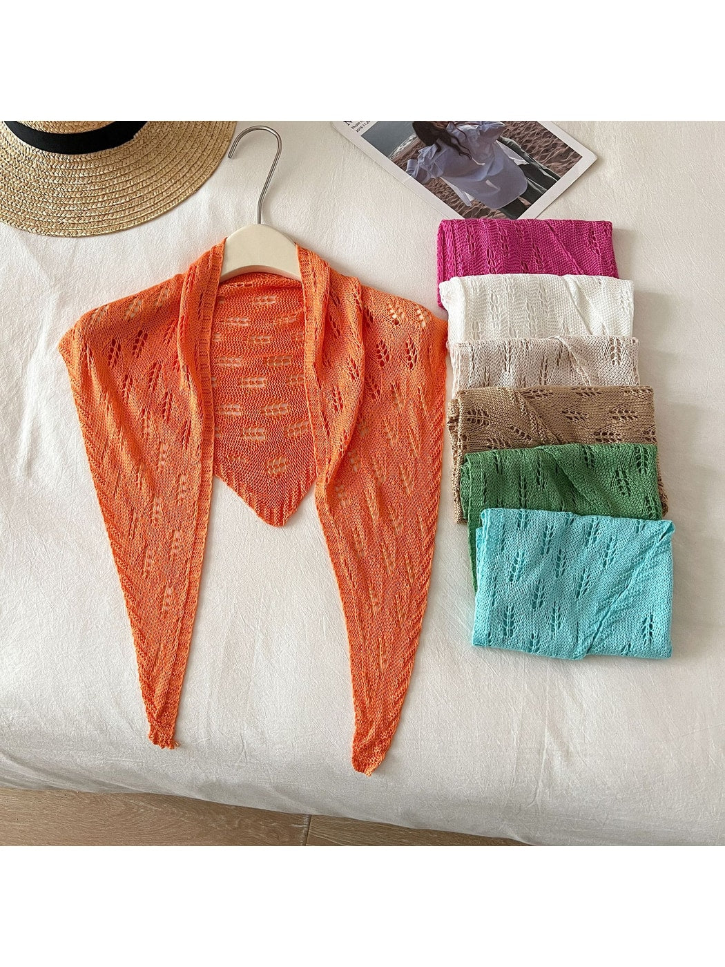 Scarvii - Solid Color Openwork Knit Triangle Scarf