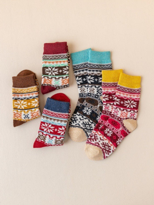 Rufia - Retro Snowflake Thick Mid-Calf Winter Socks - 5 Pairs/Pack