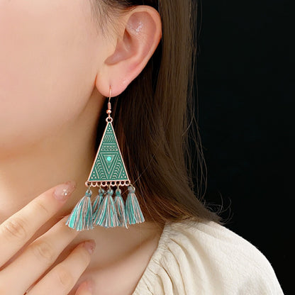 Earwish - Boho Vintage Green Triangle Earrings With Fringe