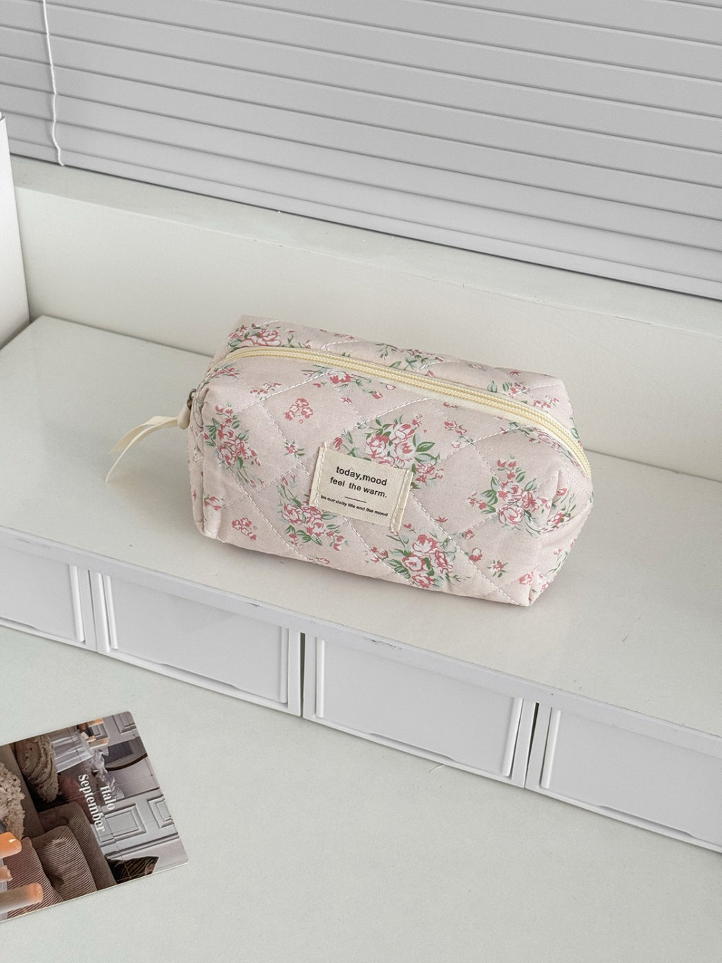 Cosbai soft floral quilted cosmetic makeup bag in pastel colors