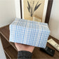 Cosbai blue check cosmetic bag angled to show front and side pattern details