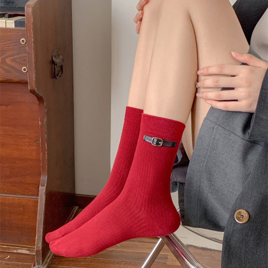 Rufia - Red Decorative Mid-Calf Socks