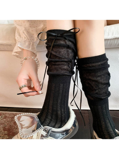 Rufia - Ribbon Bow Detail Solid Color Openwork Crew Socks