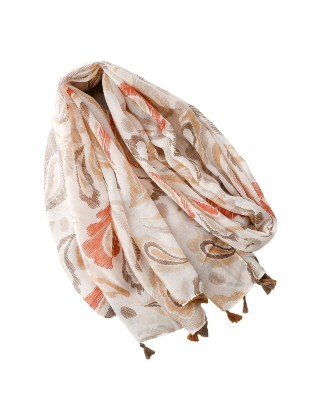 Close-up of Scarvii scarf fabric with brushstroke paisley design in blue and white