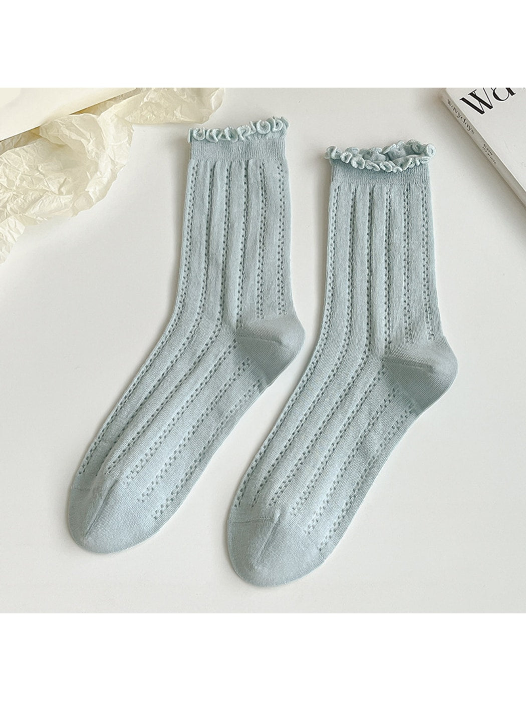 Rufia - Solid Color Openwork Ribbed Ruffle Cuff Crew Socks