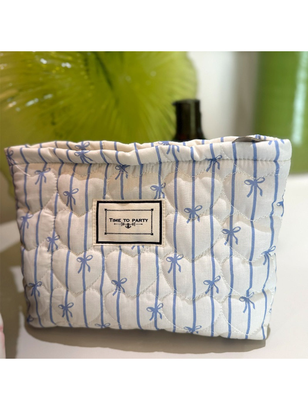 Cosbai - Quilted Bow Stripe Cosmetic Pouch