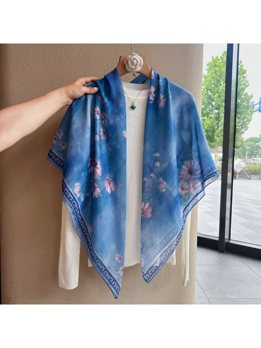 Scarvii - Dreamy Blue Floral Print Fashion Square Scarf