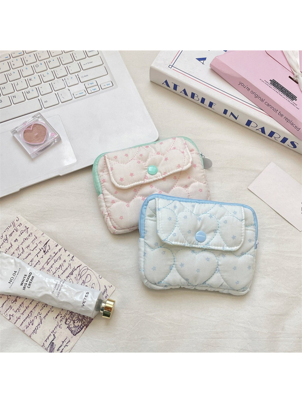 Cosbai Quilted Heart Mini Card Pouch in pink with heart stitching and