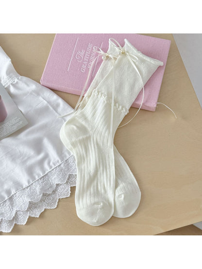 Rufia - Ribbon Bow Detail Rolled Cuffs Crew Socks