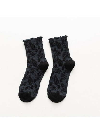 Rufia - Scalloped Trim Floral Pattern Crew Socks