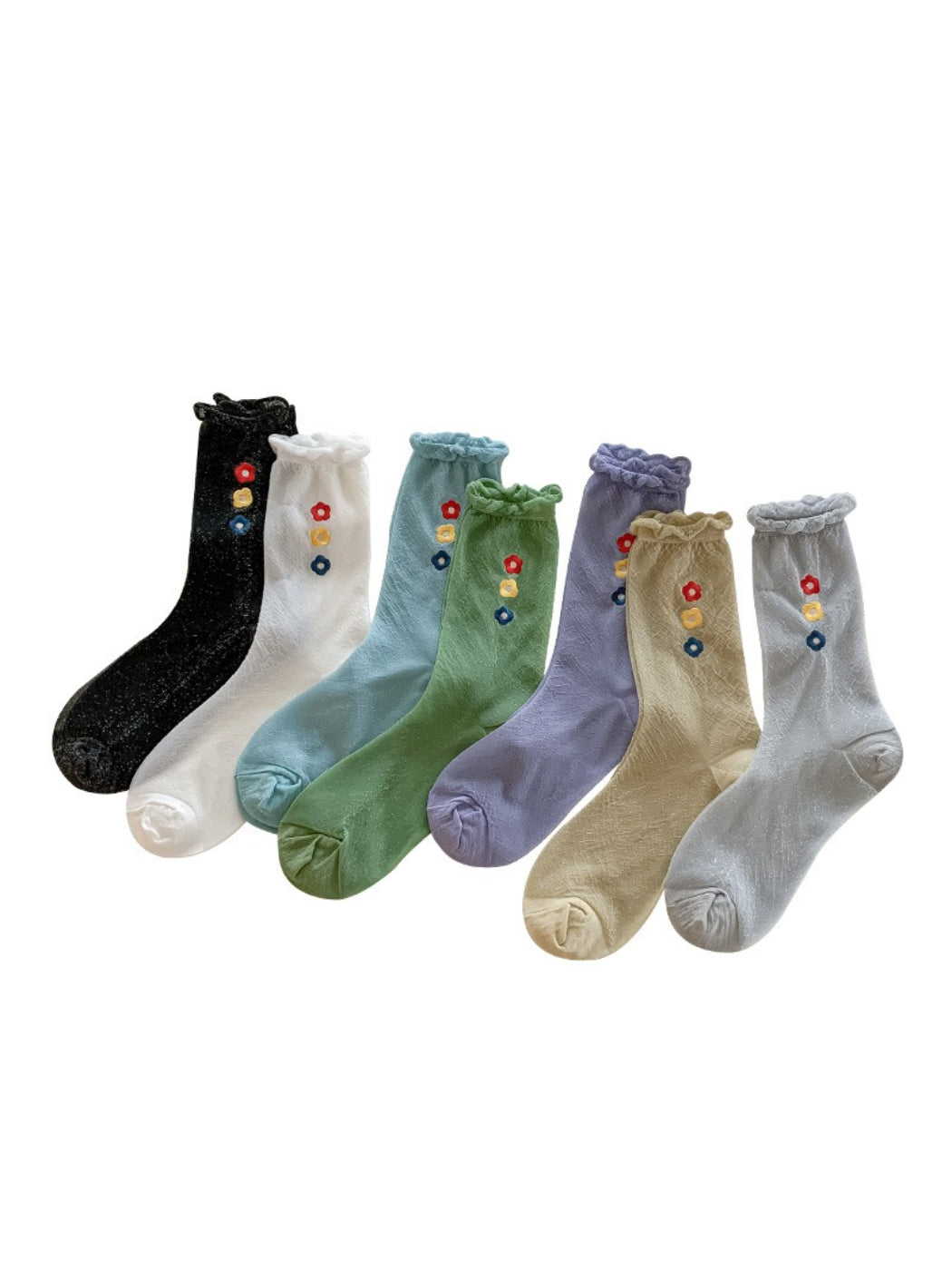 Pair of Rufia Sweet Flower Detail Crew Socks in white with colorful floral embroidery