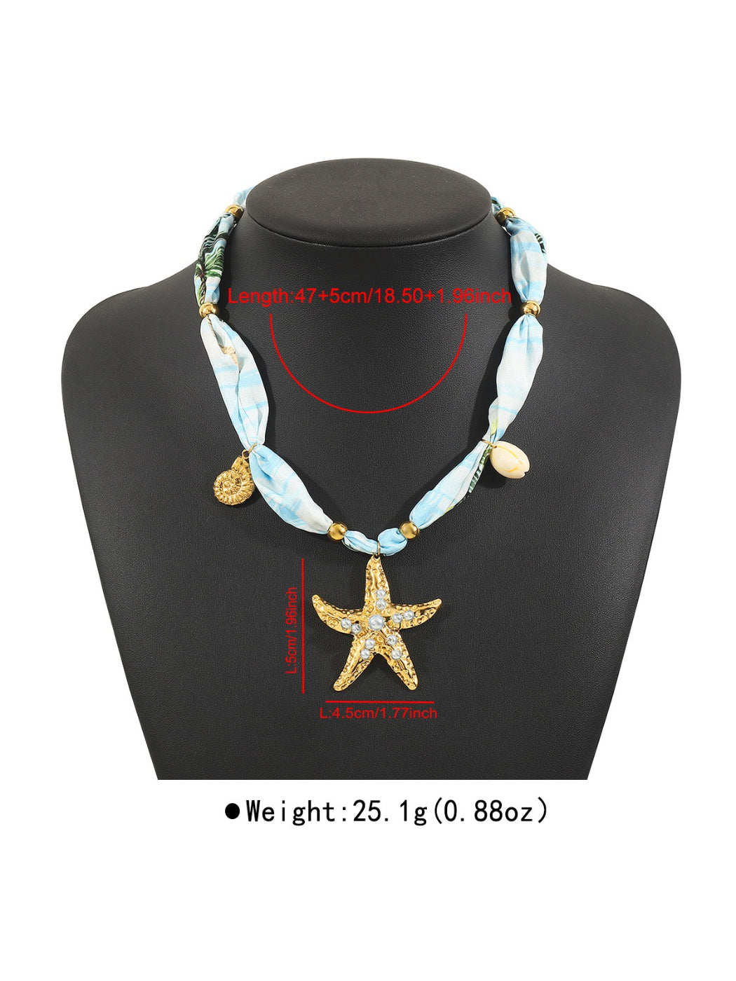 Ocean Charm necklace displayed flat with alternating blue and white beads