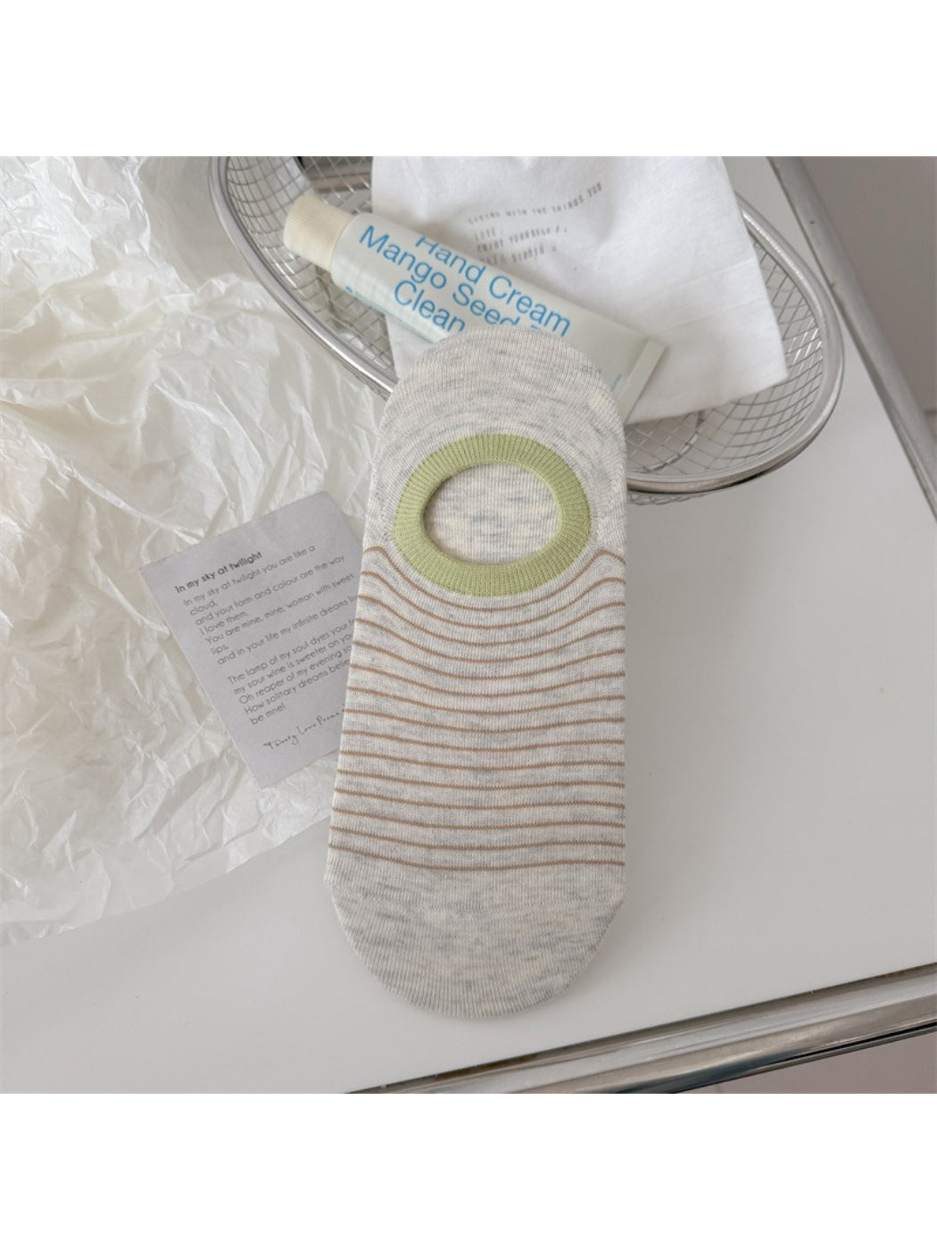 Rufia striped low cut liner socks in packaging with brand label visible