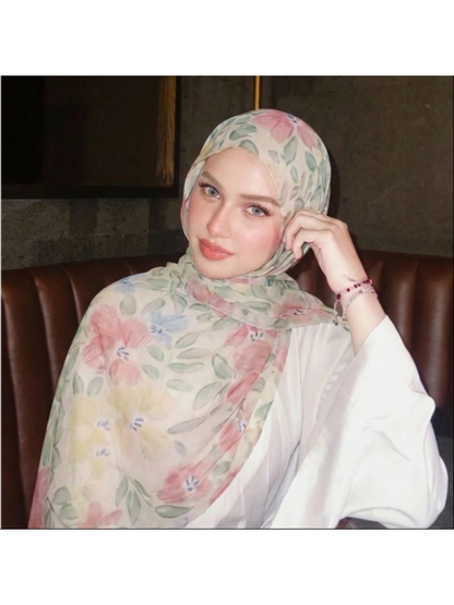 Scarvii - Floral and Leaf Print Sheer Scarf