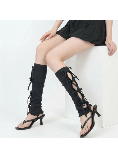 Cozyra - Ribbon Tie Striped Knit Leg Warmers
