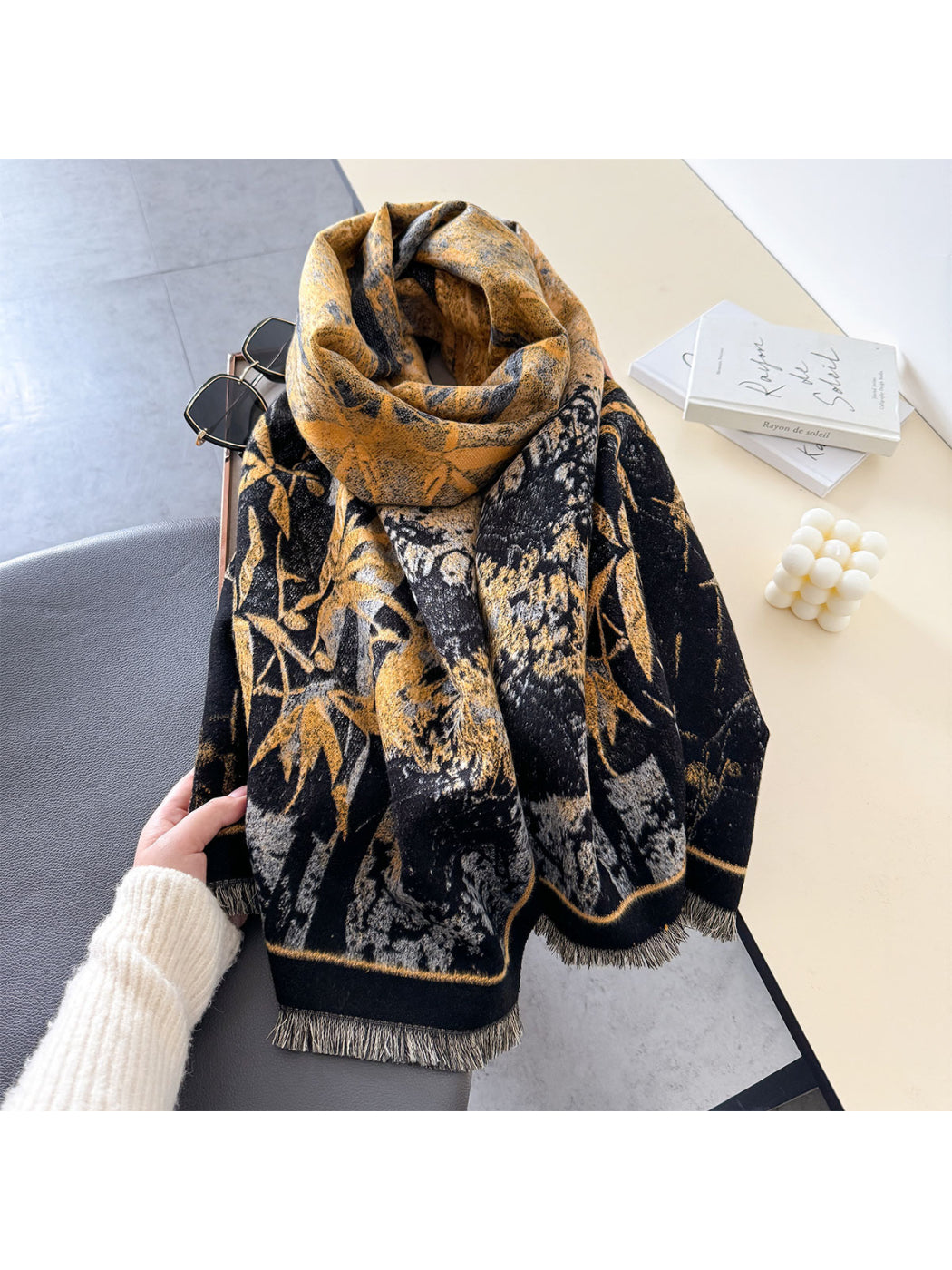Scarvii - Bamboo Botanical Contrast Border Fringe Scarf