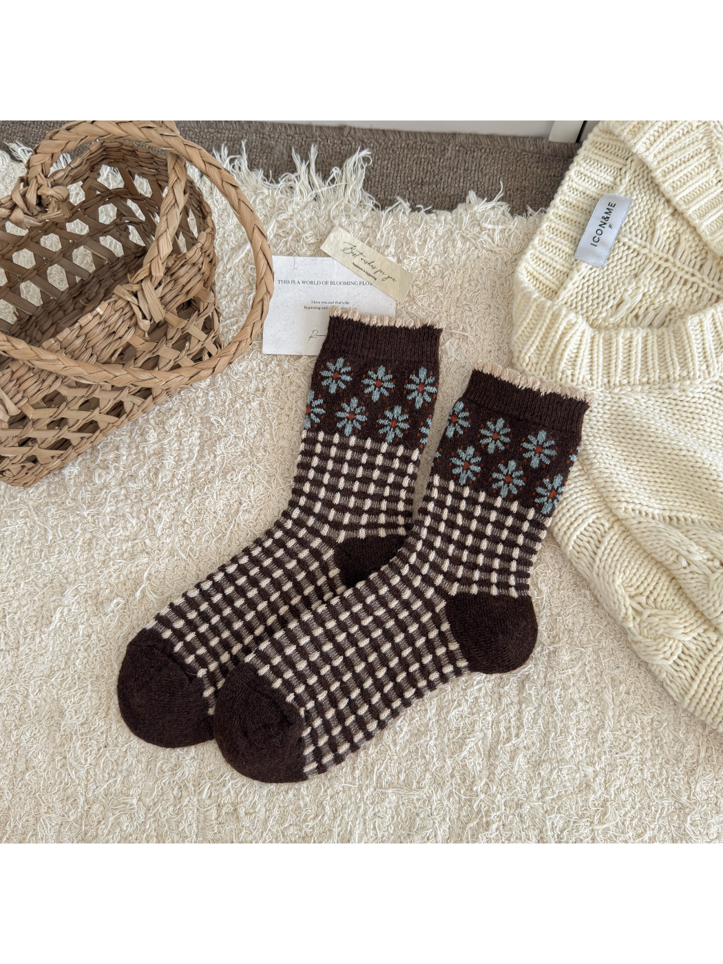 Rufia - Vintage Floral Knit Crew Socks