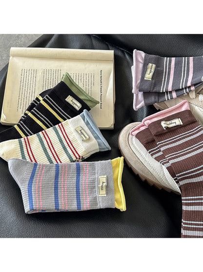 Rufia - Letter Label Striped Casual Mid-Calf Socks