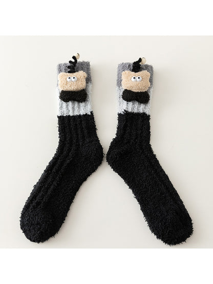 Rufia - Winter Coral Fleece Mid-Calf Socks with 3D Cartoon Accent