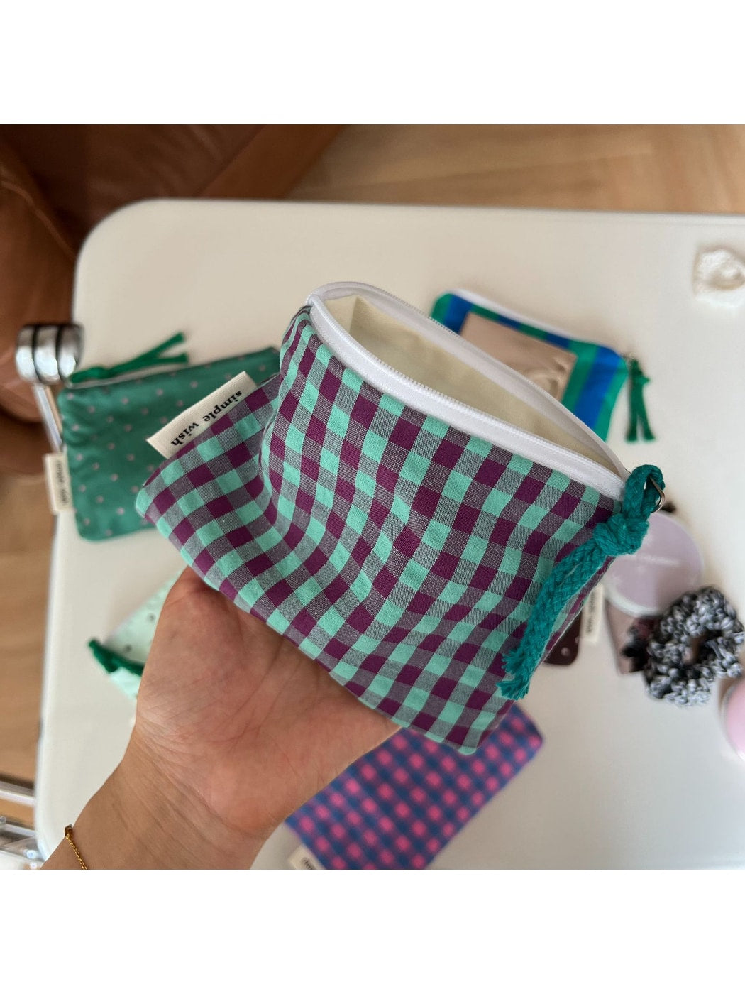 Cosbai - Polka Dot and Check Print Zip Pouch