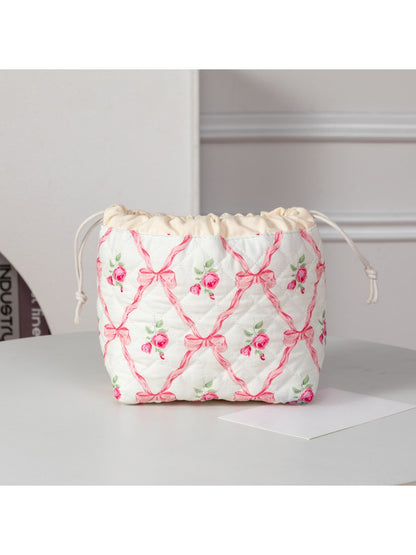 Cosbai - Quilted Round Drawstring Cosmetic Bag