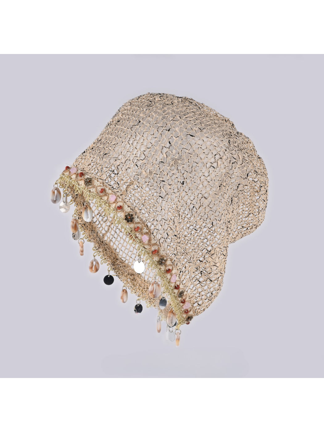 Haila beanie with hollow out knit mesh shell pattern in light beige color
