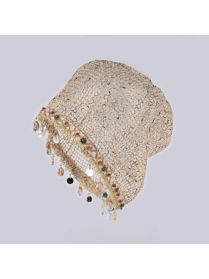 Haila beanie with hollow out knit mesh shell pattern in light beige color