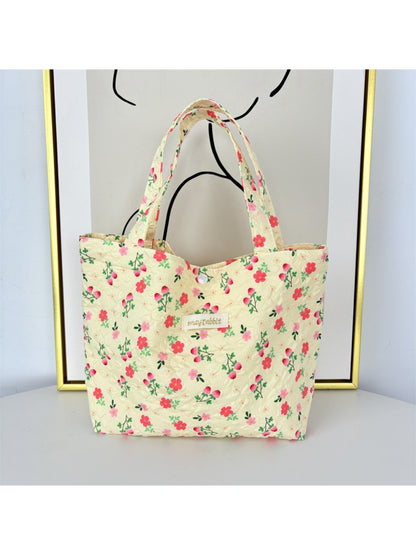 Cosbai – Quilted Floral & Bear Printed Tote Bag