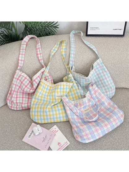 Cosbai - Plaid Lace Trim Hobo Shoulder Bag