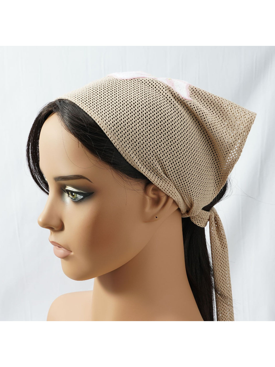 Side view of Scarvii floral embroidered bandana scarf draped over shoulder