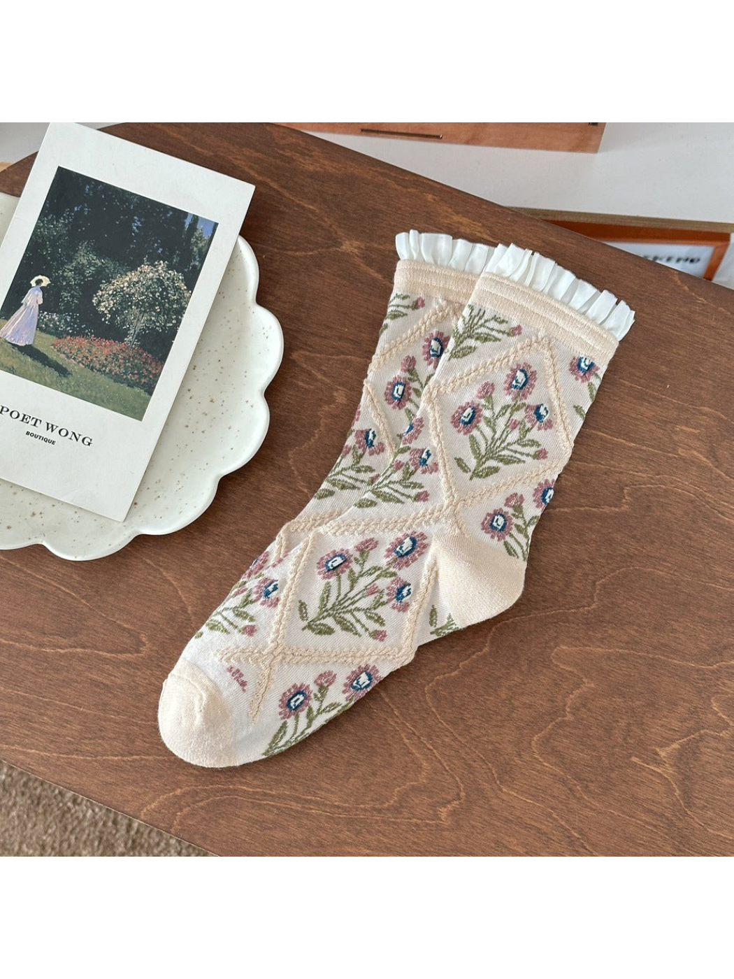 Rufia -  Floral Trellis Ruffle Crew Socks