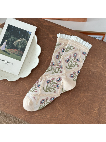 Rufia -  Floral Trellis Ruffle Crew Socks