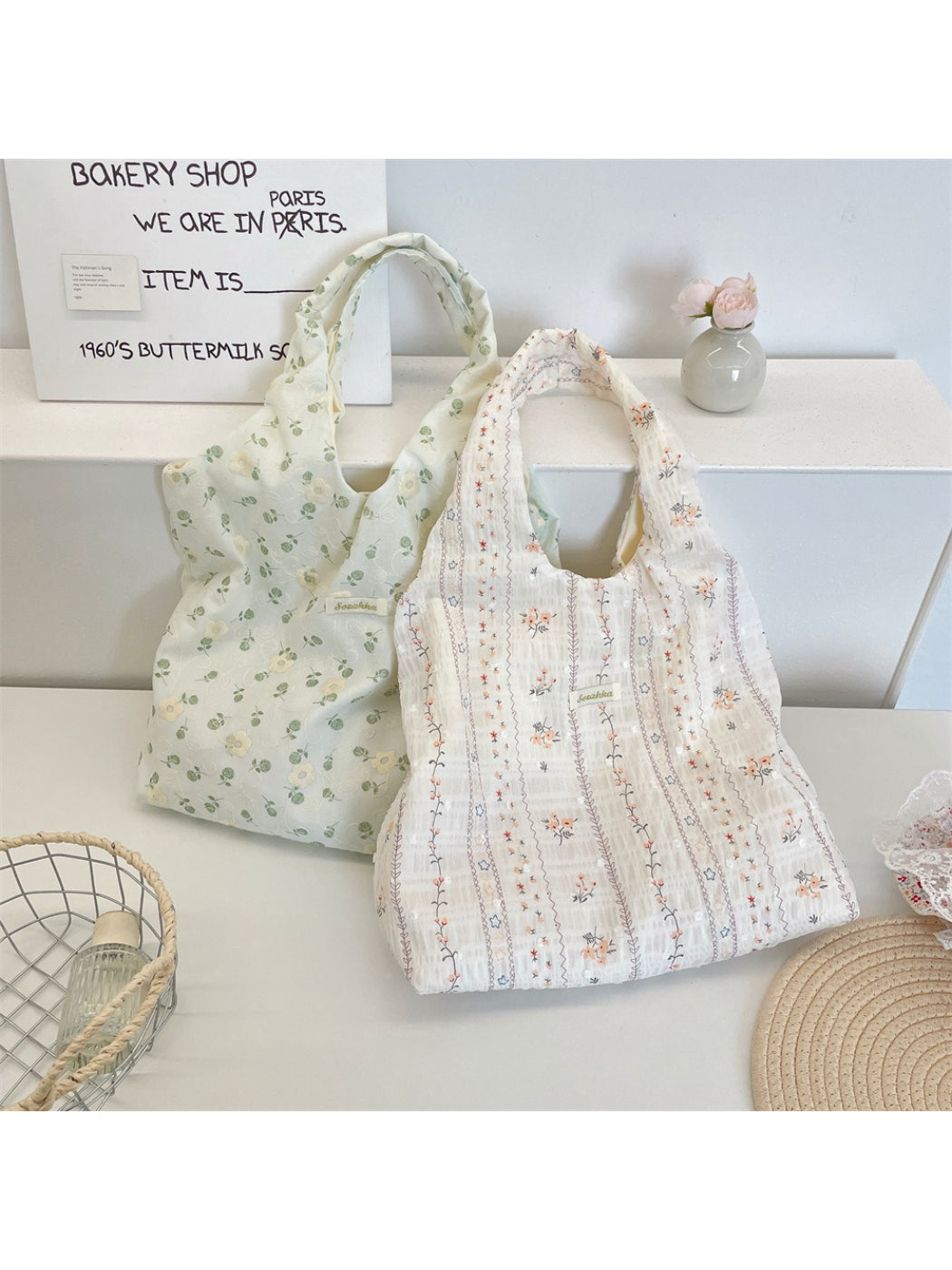 Cosbai French style casual tote bag in beige with handles and front pocket