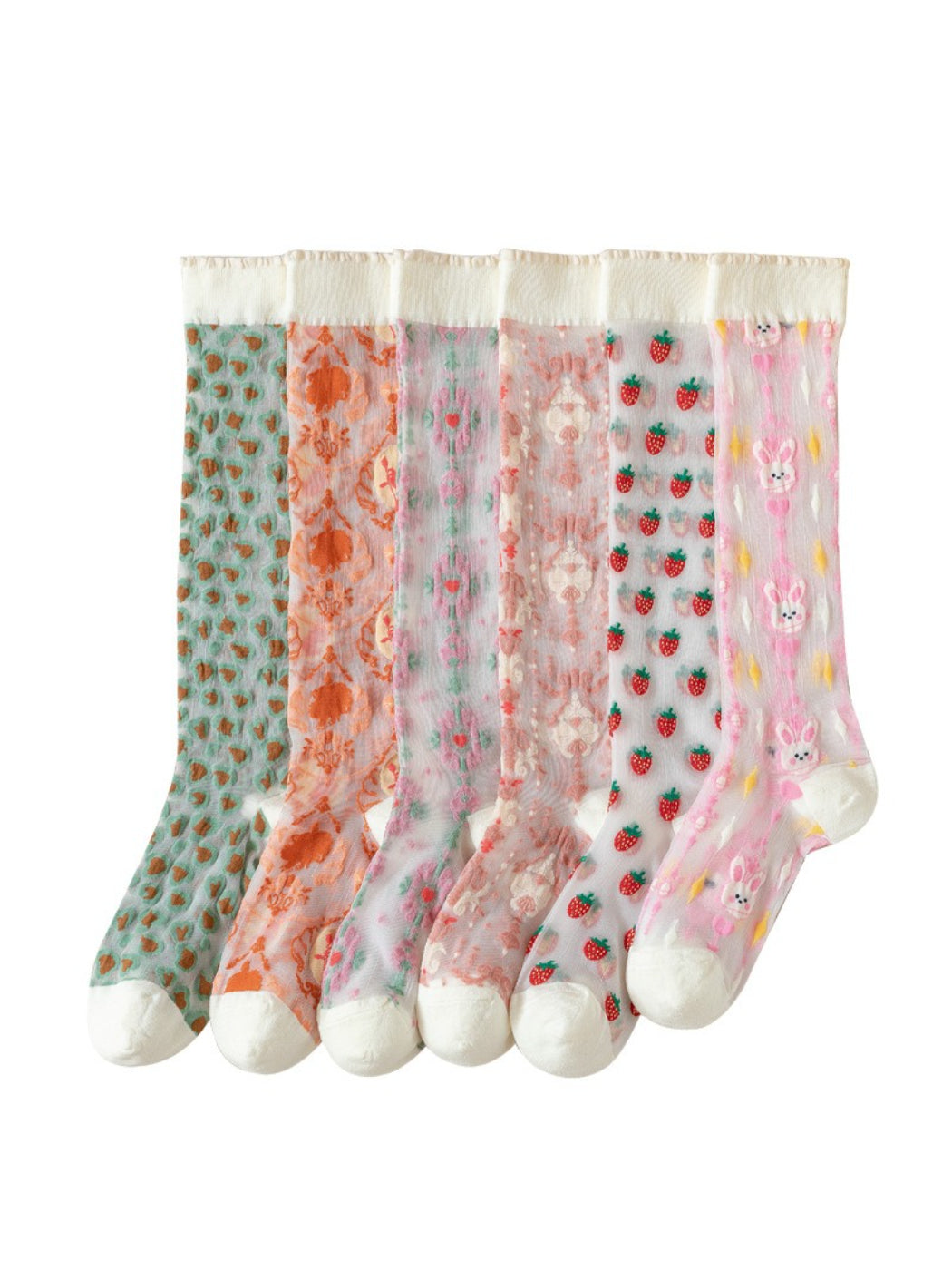 Pair of Rufia Dreamy Sheer Variety Crew Socks in pastel colors displayed flat