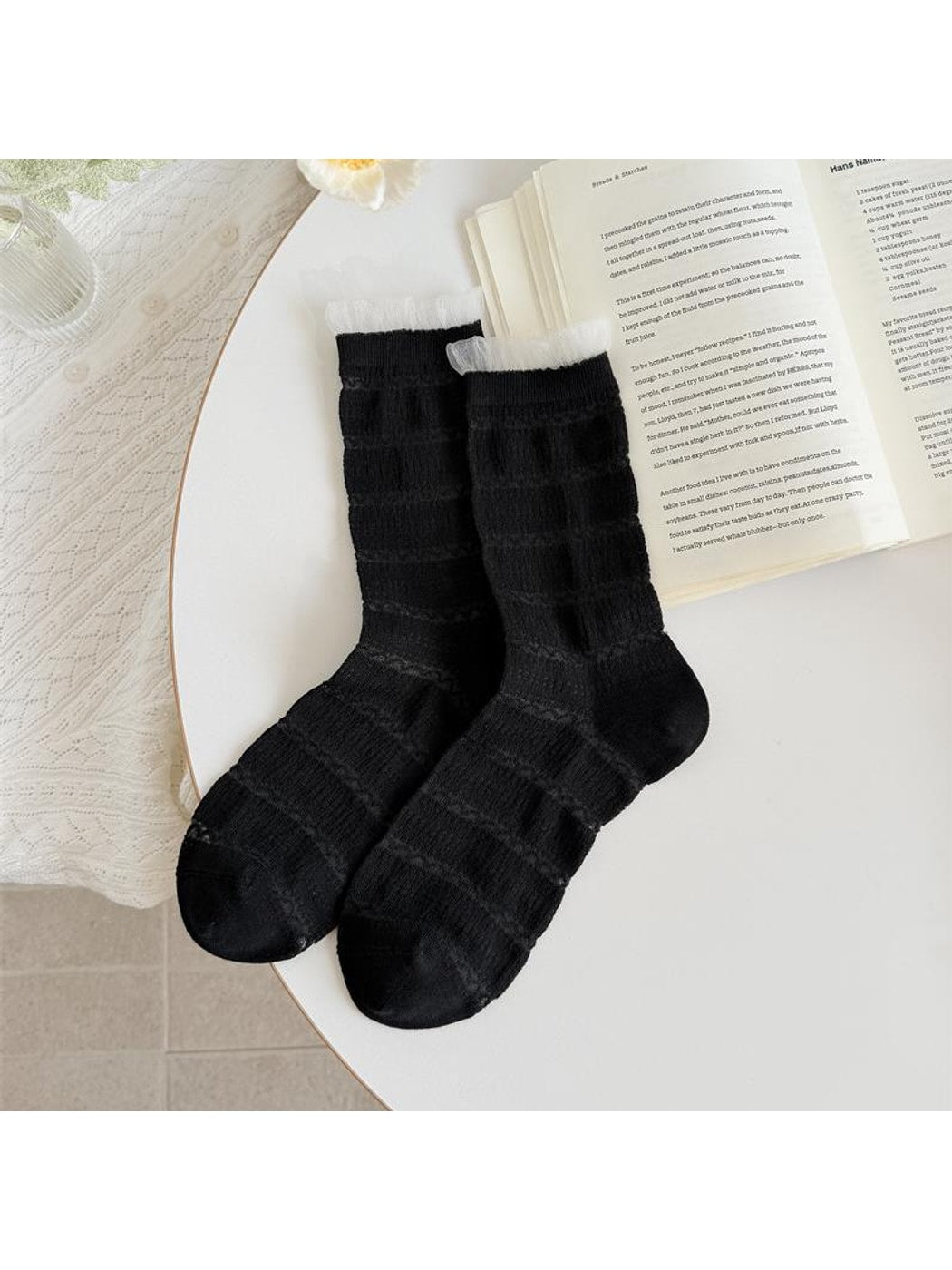 Rufia - Lace Cuffs Wave Texture Pattern Crew Socks