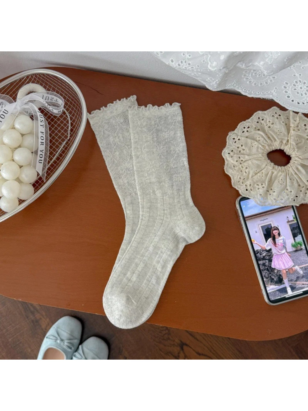 Rufia - Floral Sheer Ruffle-Cuff Crew Socks