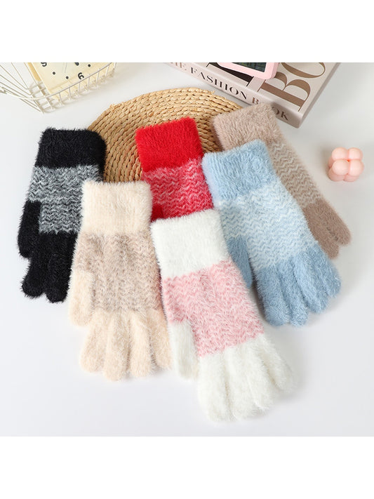 Gloving - Women's Fuzzy Colorblock Knit Winter Gloves