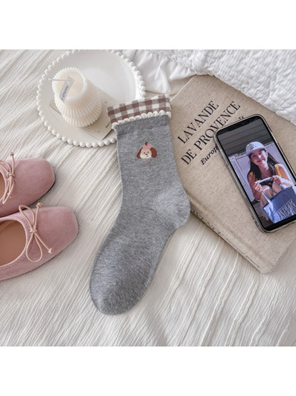 Rufia Dog Color Block Mid-Calf Socks worn on feet highlighting mid-calf length