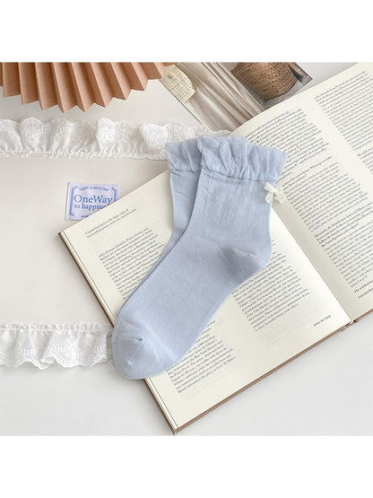 Rufia - Solid Color Bow Detail Fashion Crew Socks